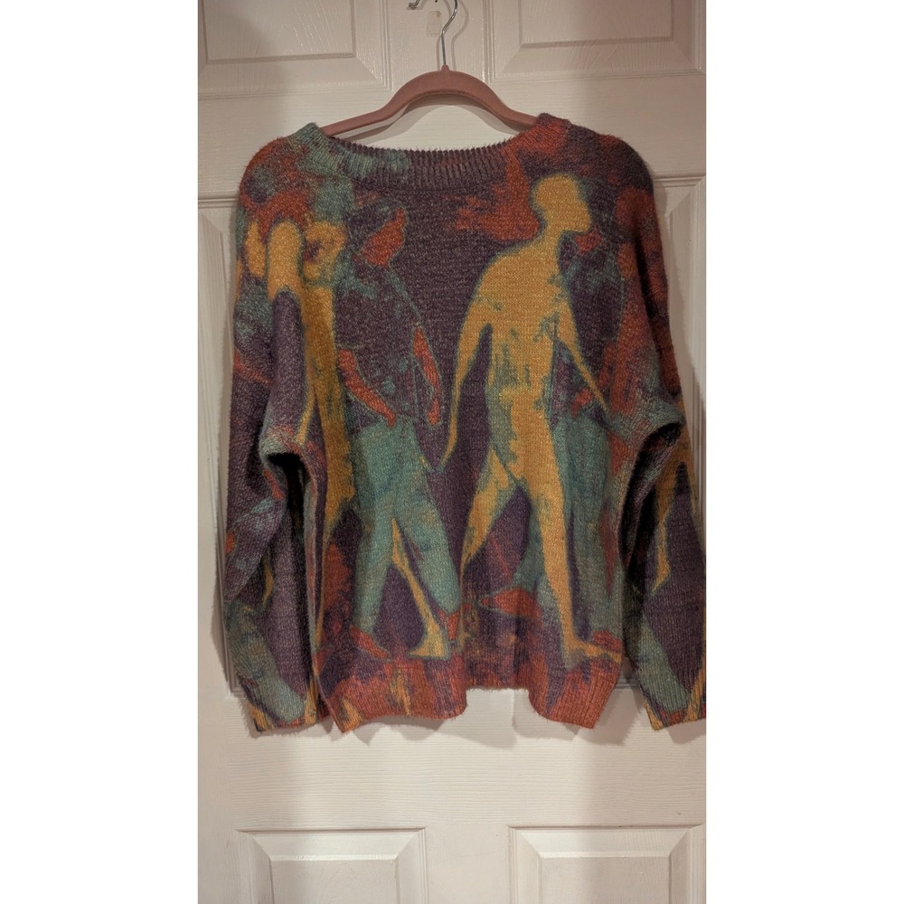 Elric Eden Sweater XS Purple Yellow Abstract Silhouette Graphic Knit Streetwear - Picture 2 of 6
